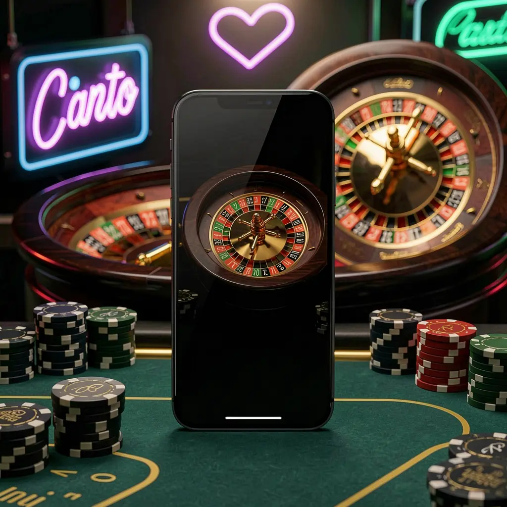 Adegan aplikasi kasino seluler yang menampilkan ponsel di tengah dengan roda roulette dan chip poker di latar belakang, diterangi oleh cahaya neon bercahaya dalam gaya premium hitam dan emas, menampilkan merek NX888