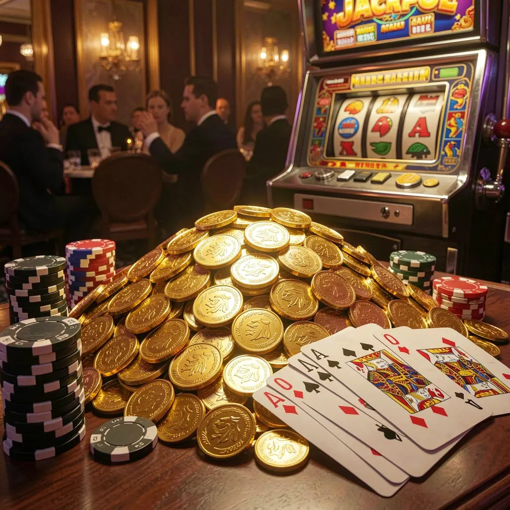 Adegan bonus jackpot NX888 yang menampilkan tumpukan besar koin emas, mesin slot di latar belakang, chip poker, dan kartu remi di bawah pencahayaan mewah sinematik