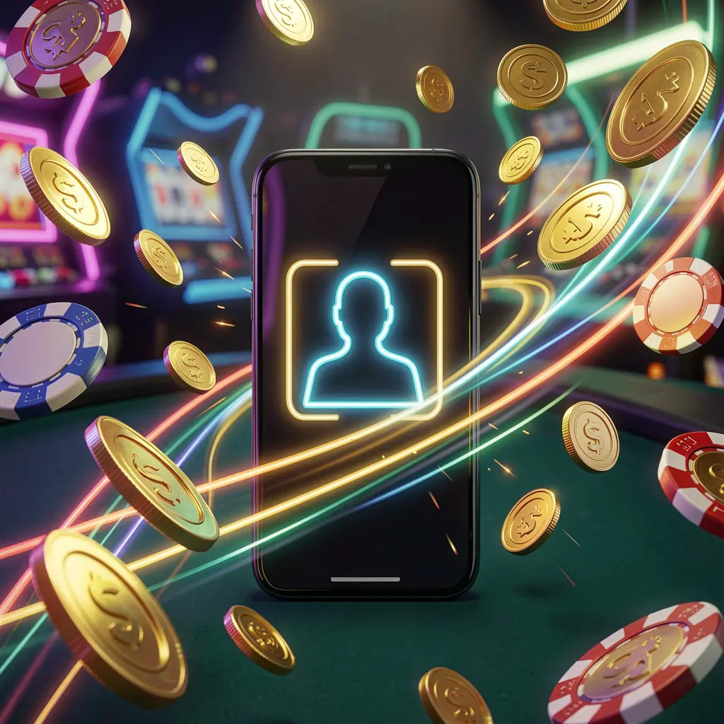 Banner masuk kasino cepat NX888 yang menampilkan smartphone dengan ikon pengguna yang terang, dikelilingi jejak cahaya kecepatan, koin emas, dan chip yang beterbangan dalam gaya kasino neon modern, render 3D detail tinggi