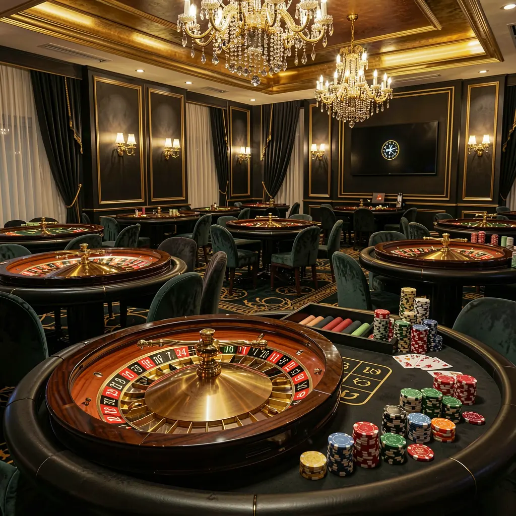 Adegan lobi kasino online mewah dengan meja roulette bercahaya, lampu keemasan, chip poker dan kartu dalam desain premium hitam dan emas yang menampilkan merek NX888