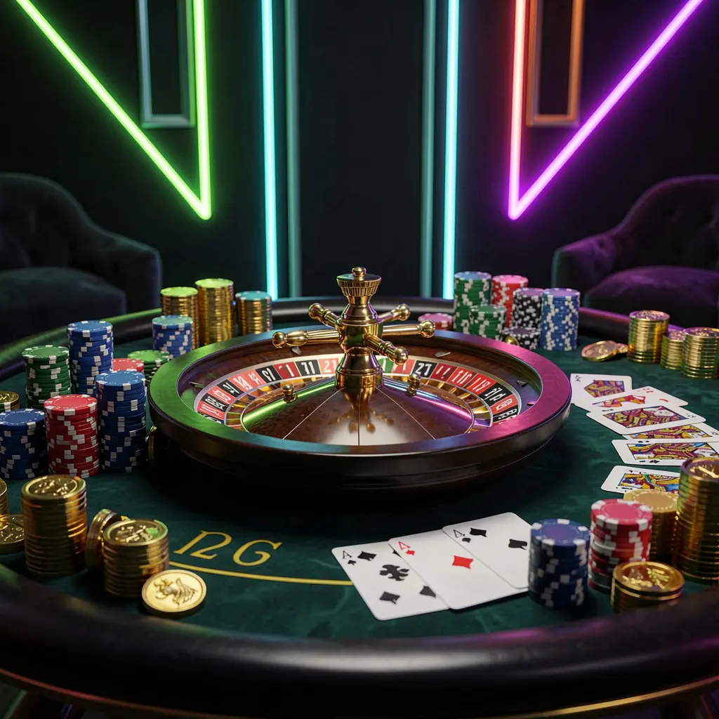 Meja kasino mewah dengan roda roulette, chip poker, kartu remi, dan koin emas di latar belakang premium gelap dengan cahaya neon, menampilkan banner beranda permainan bertanggung jawab kasino online NX888
